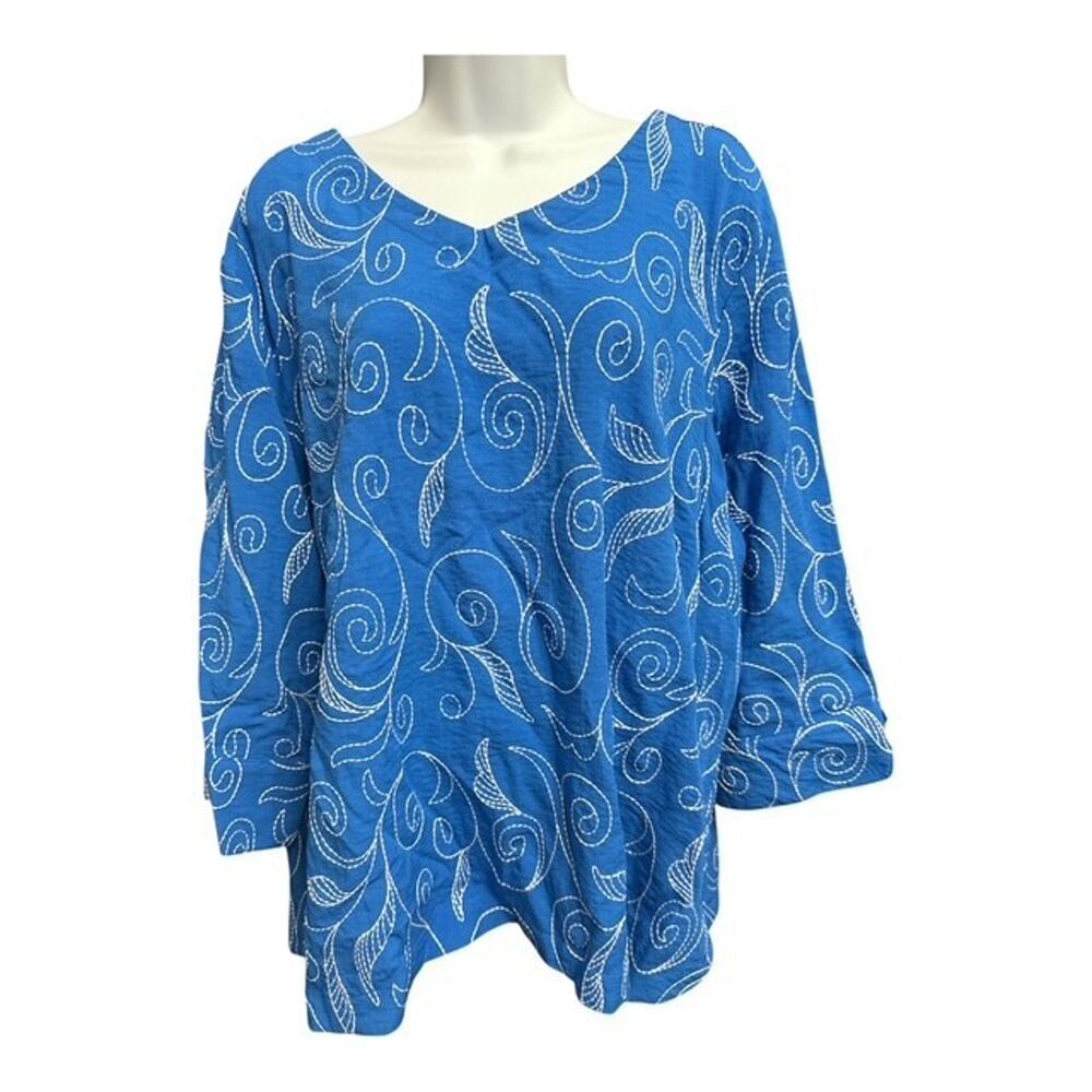 Ali Miles 3X Top Blue White Leaf Embroidered V Neck Woven Rayon Nylon 3/4 Sleeve
